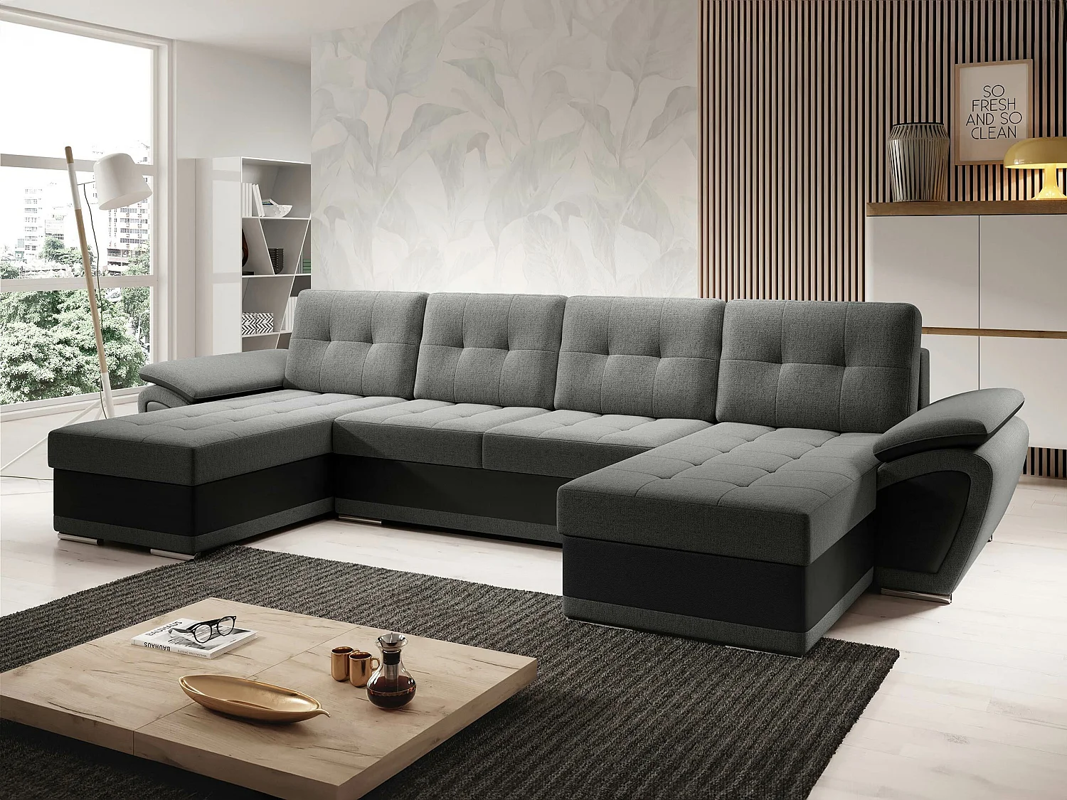 Sofá rinconero Arvada 115, Gris, Función de descanso, Almacenaje, 336x157x97cm