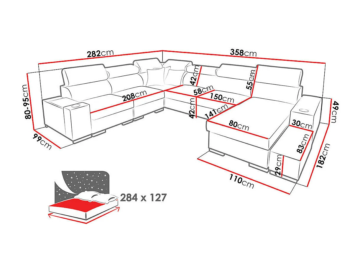 Divano angolare Pearland 105, Grigio, Con, 358x282x80cm