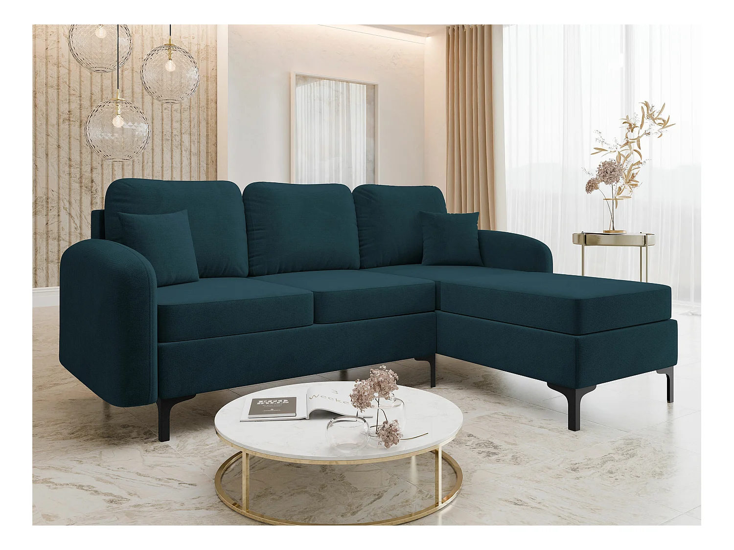 Canapé d'angle Torlua 103, Turquoise, Fonction de couchage, Boîte de literie, 225x172cm