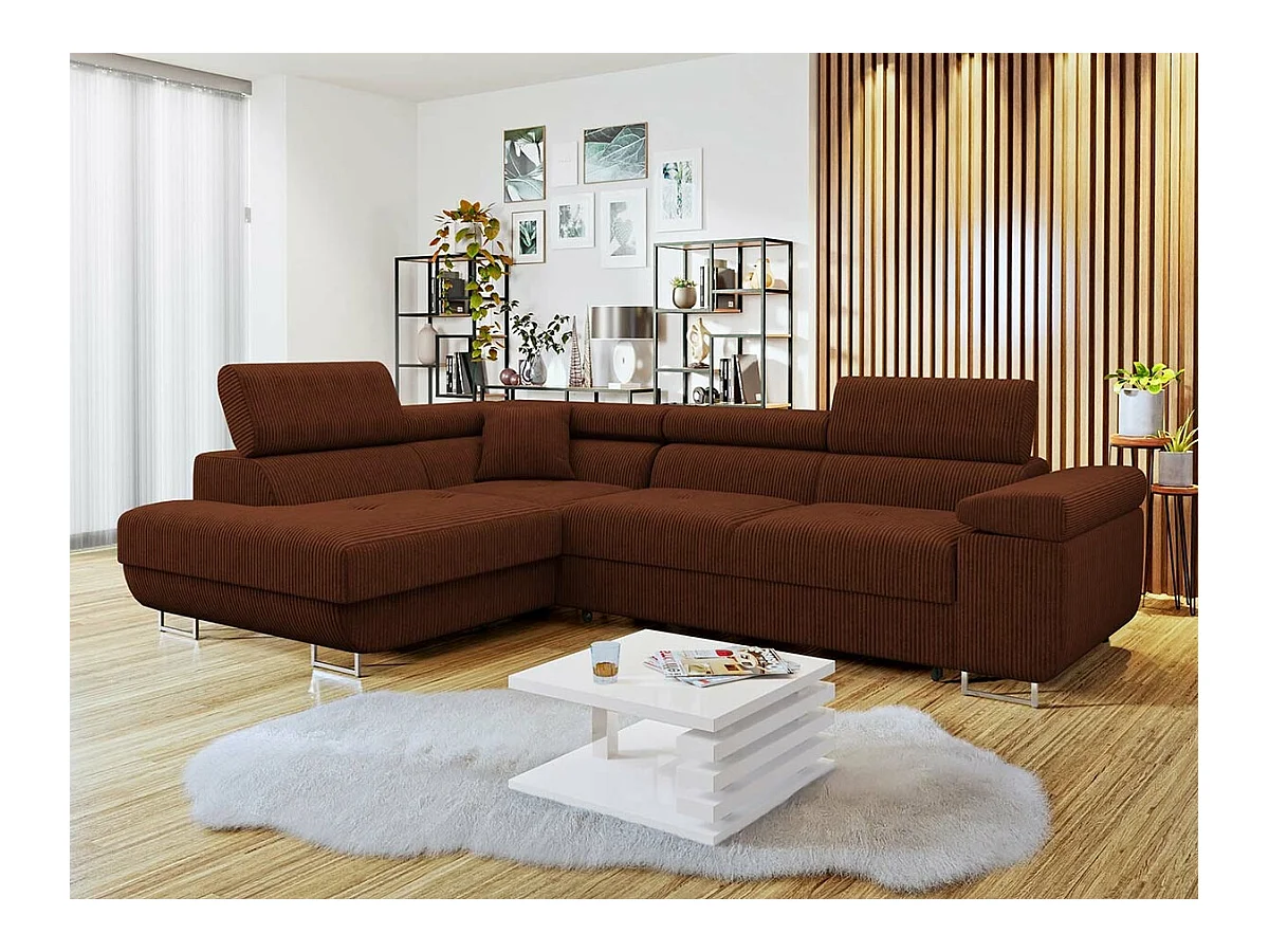 Canapé d'angle Comfivo Eliferu 100, Marron, Fonction de couchage, Boîte de literie, 274cm