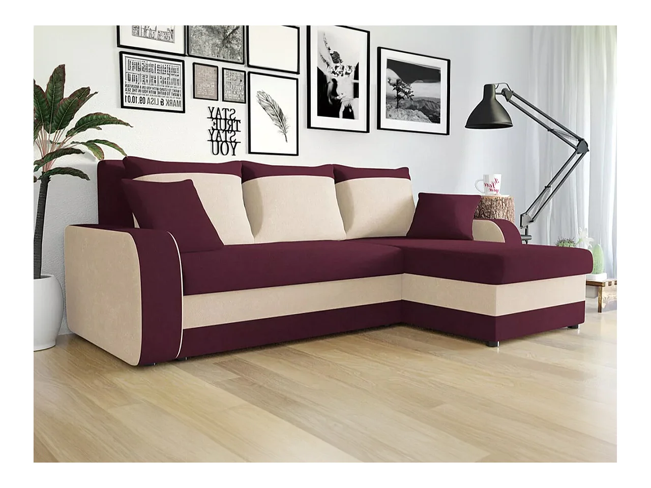 Canapé d'angle Comfivo 203, Pourpre, Fonction de couchage, Boîte de literie, 238x147x80cm