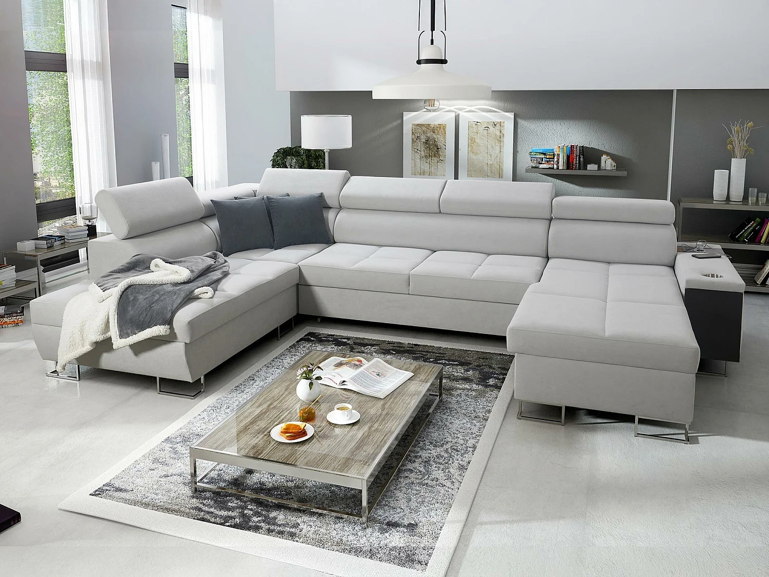 Canapé d'angle Pearland 114, Gris, Fonction de couchage, Boîte de literie, 360x221x84cm