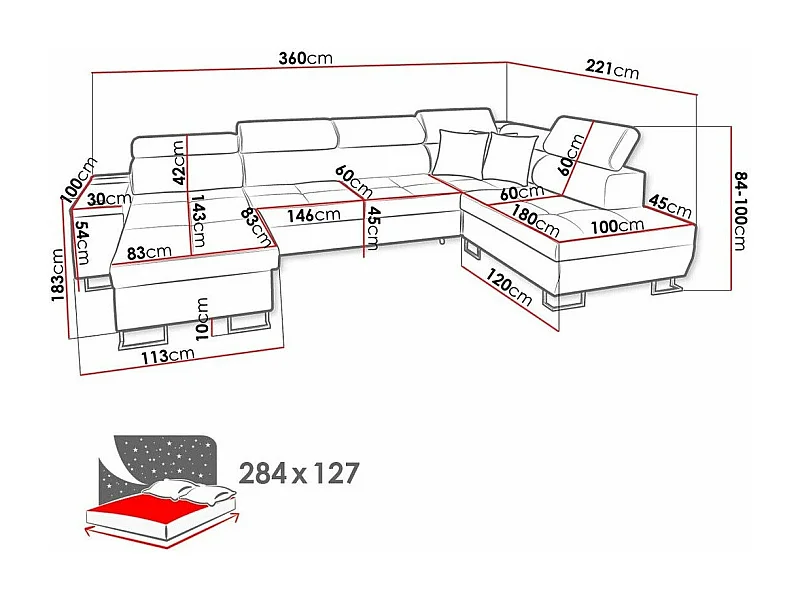 Canapé d'angle Pearland 114, Gris, Fonction de couchage, Boîte de literie, 360x221x84cm