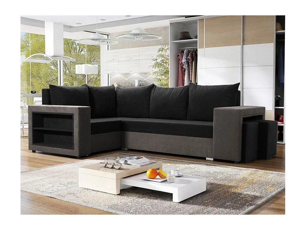 Canapé d'angle Muncie 103, Noir, Fonction de couchage, Boîte de literie, 250x162x85cm