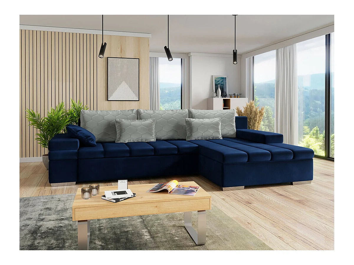 Canapé d'angle Comfivo 169, Bleu, Fonction de couchage, Boîte de literie, 310x175x83cm