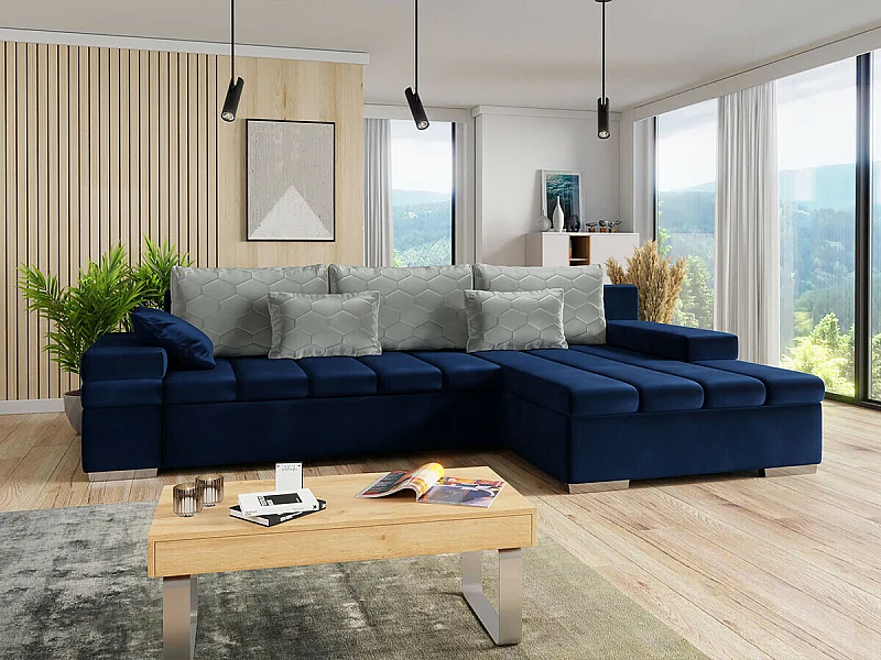 Sofá rinconero Comfivo 169, Azul, Función de descanso, Almacenaje, 310x175x83cm