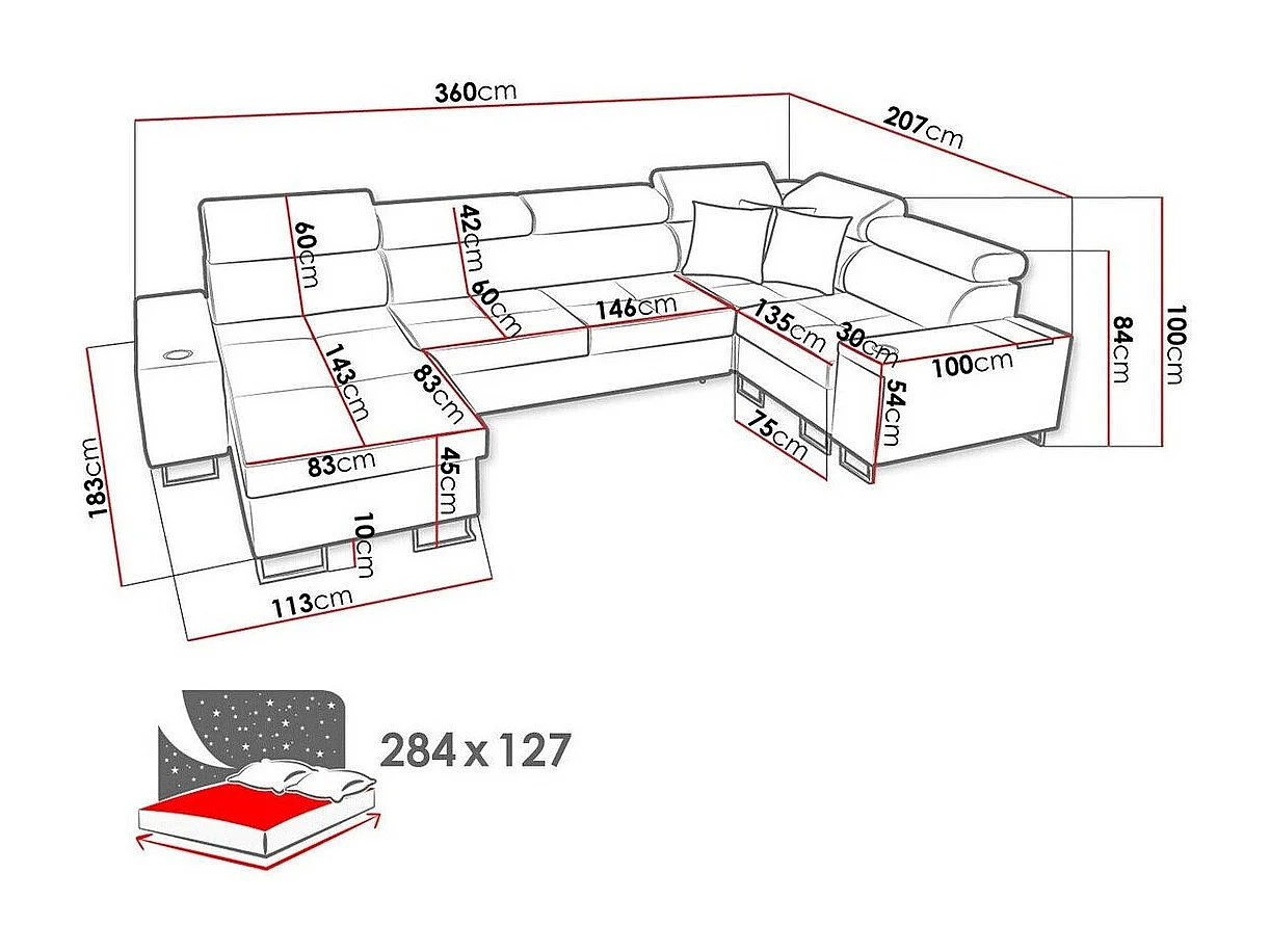Canapé d'angle Pearland 112, Bleu, Fonction de couchage, Boîte de literie, 360x207x84cm
