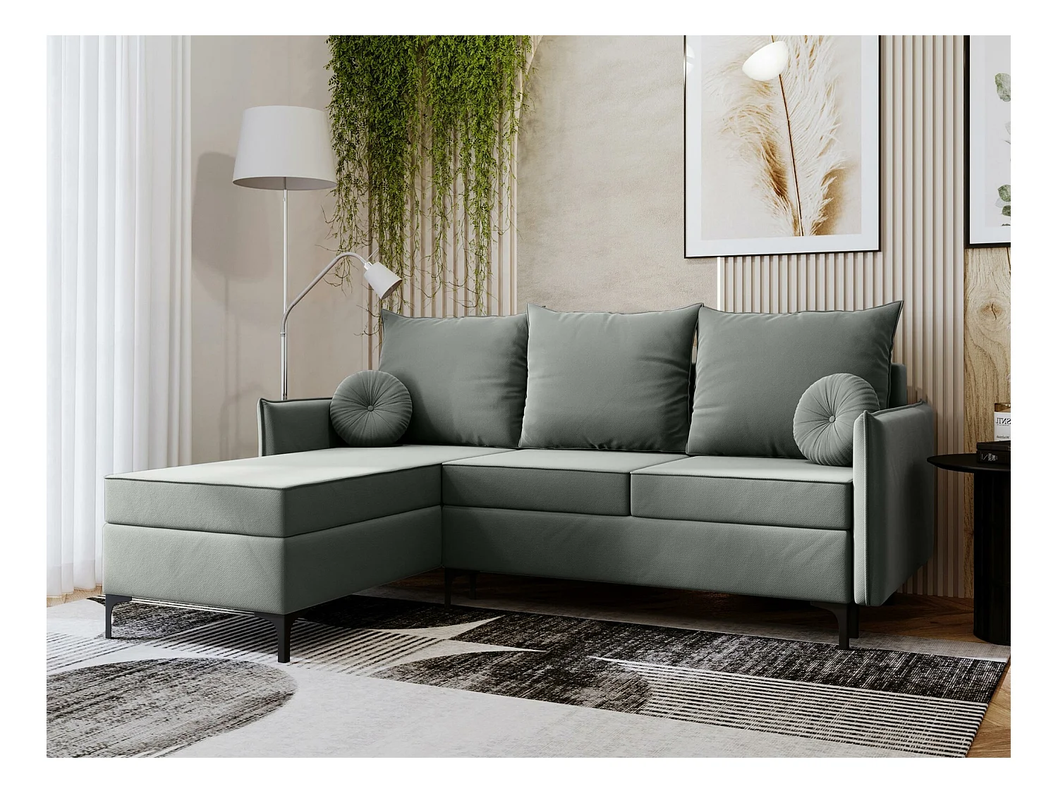 Canapé d'angle Clovis 112, Gris, Fonction de couchage, Boîte de literie, 213x168x101cm