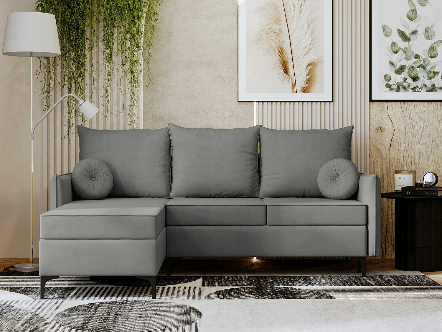 Canapé d'angle convertible 3 places en tissu gris CLOVIS