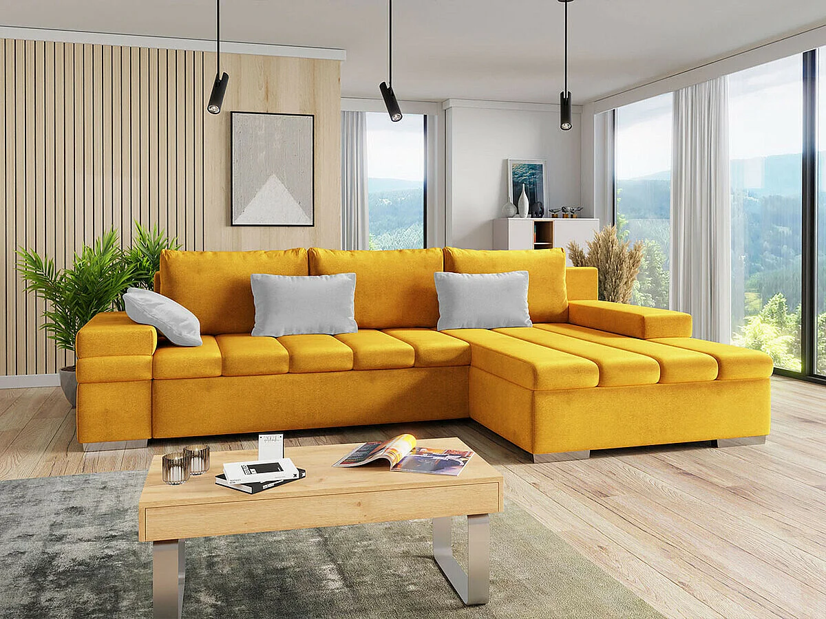 Sofá rinconero Comfivo 169, Amarillo, Función de descanso, Almacenaje, 310x175x83cm