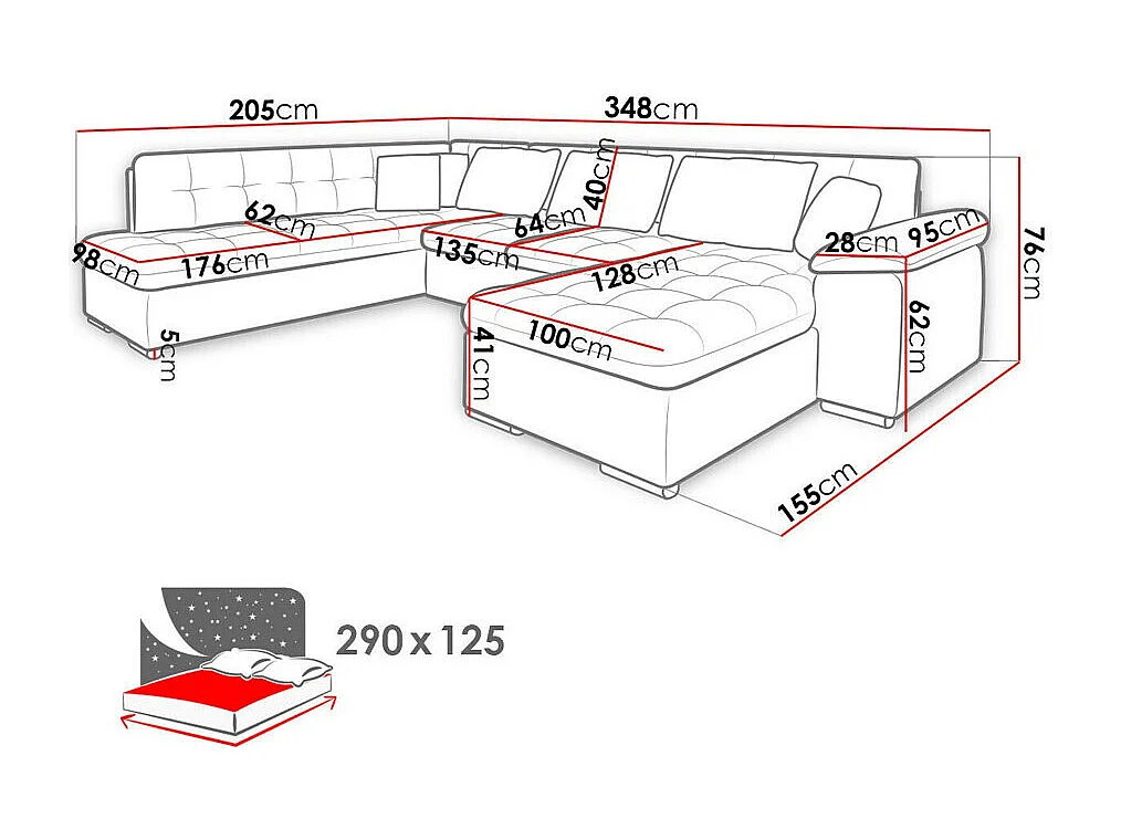 Sofá rinconero Comfivo 180, Gris, Función de descanso, 348x205x76cm