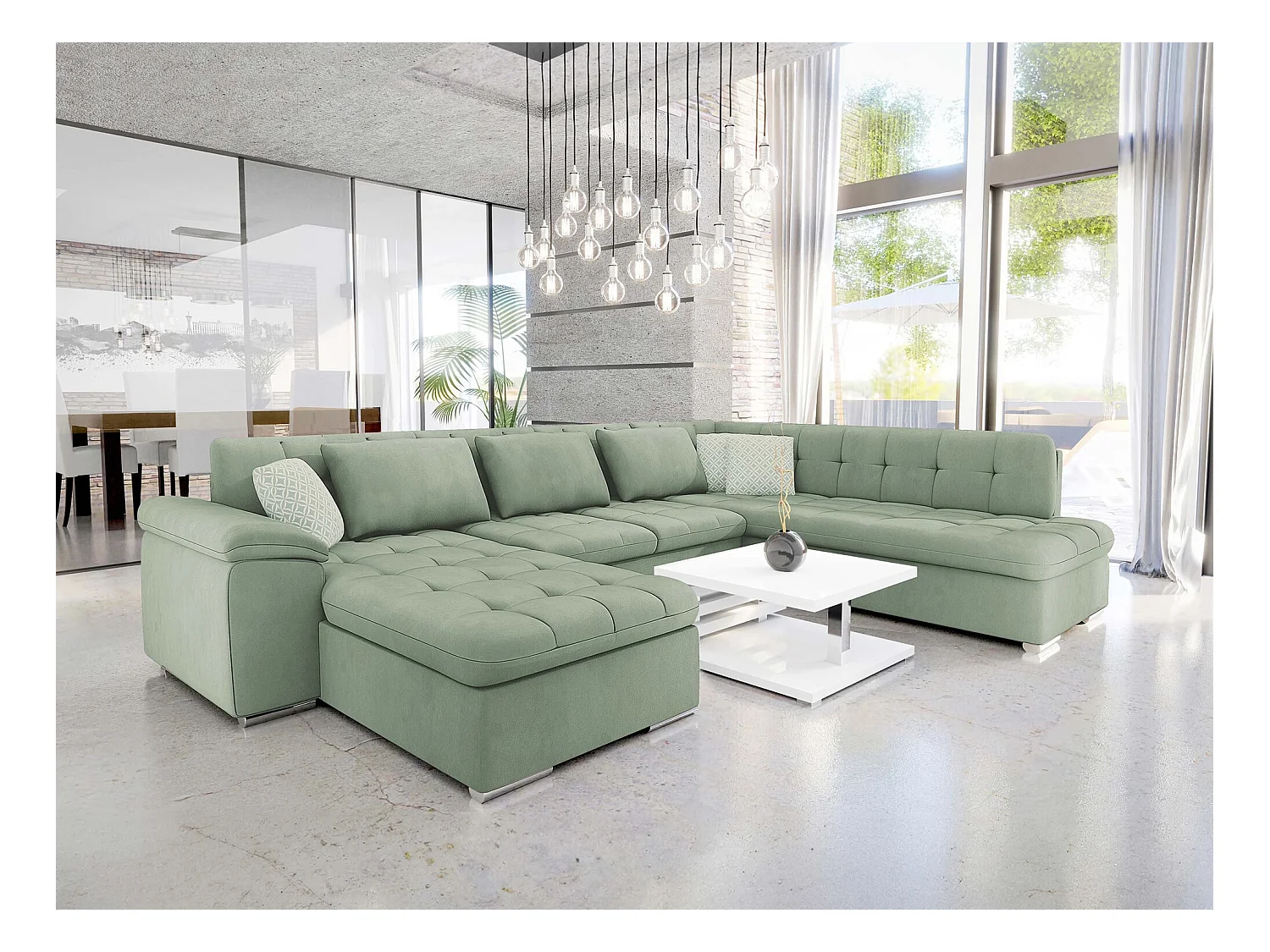 Canapé d'angle Comfivo 114, Vert, Fonction de couchage, Boîte de literie, 348x205x76cm