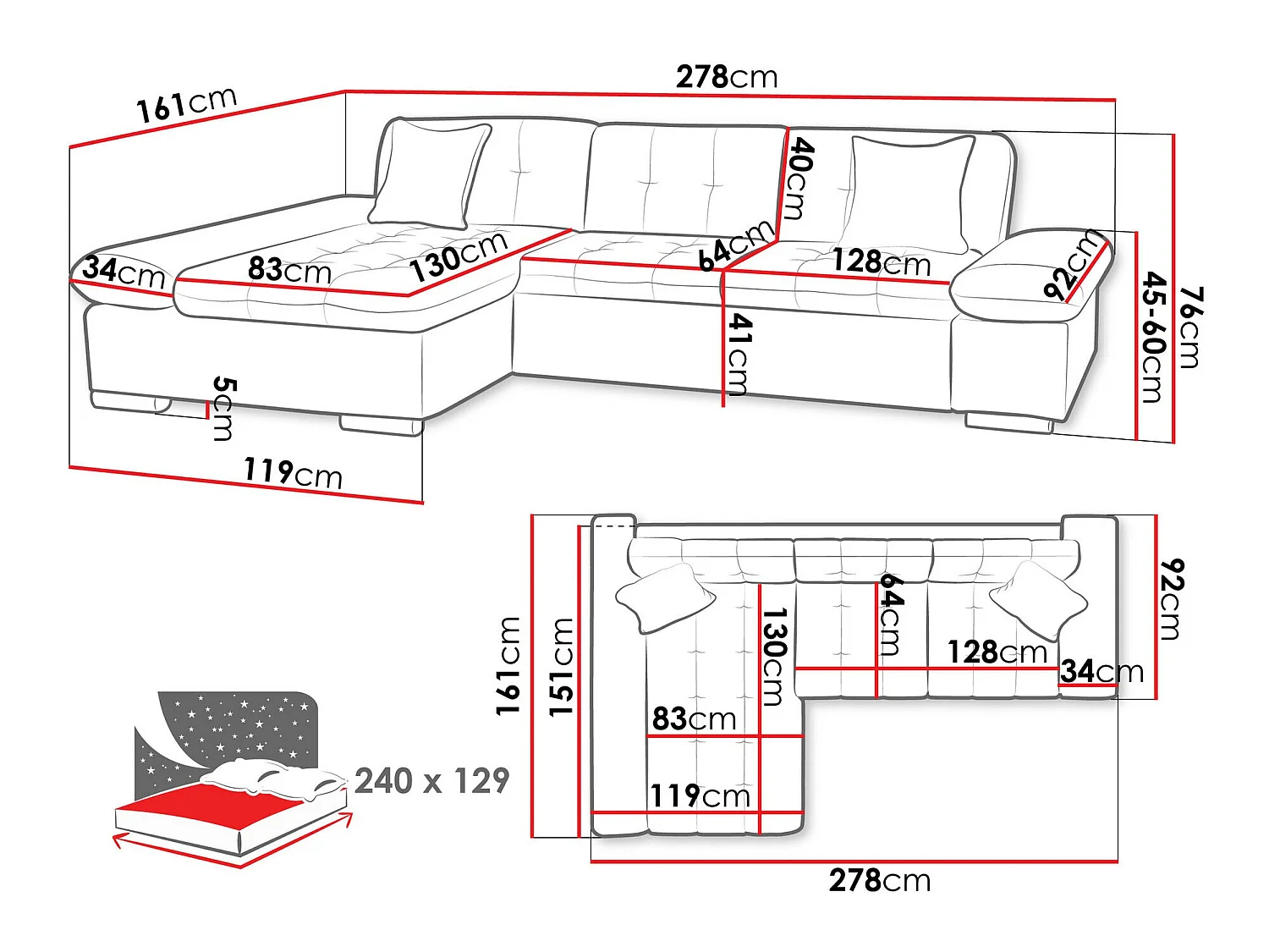 Canapé d'angle convertible 3 places en tissu blanc 278x161x76 cm