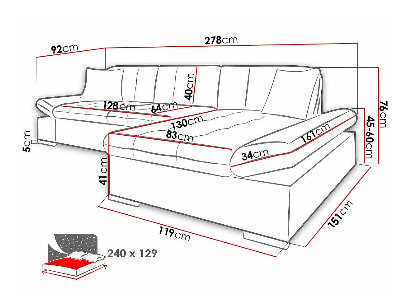 Canapé d'angle convertible 3 places en tissu blanc 278x161x76 cm