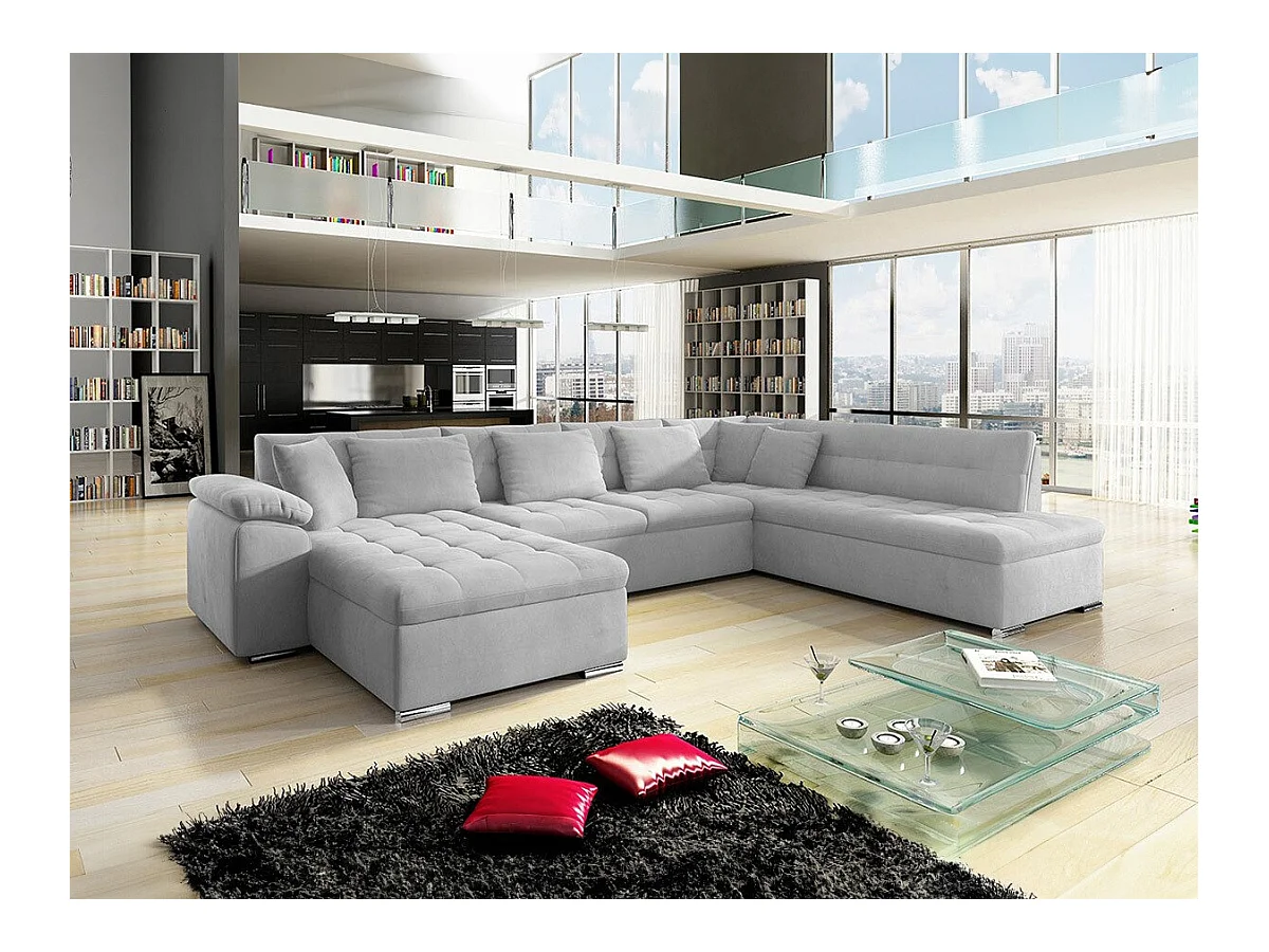 Canapé d'angle Comfivo 114, Gris, Fonction de couchage, Boîte de literie, 348x205x76cm