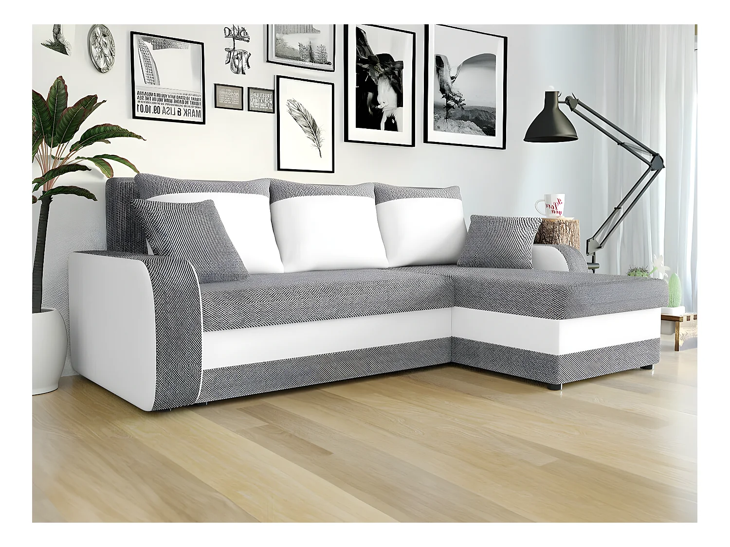 Canapé d'angle Comfivo 135, Gris, Fonction de couchage, Boîte de literie, 238x147x80cm