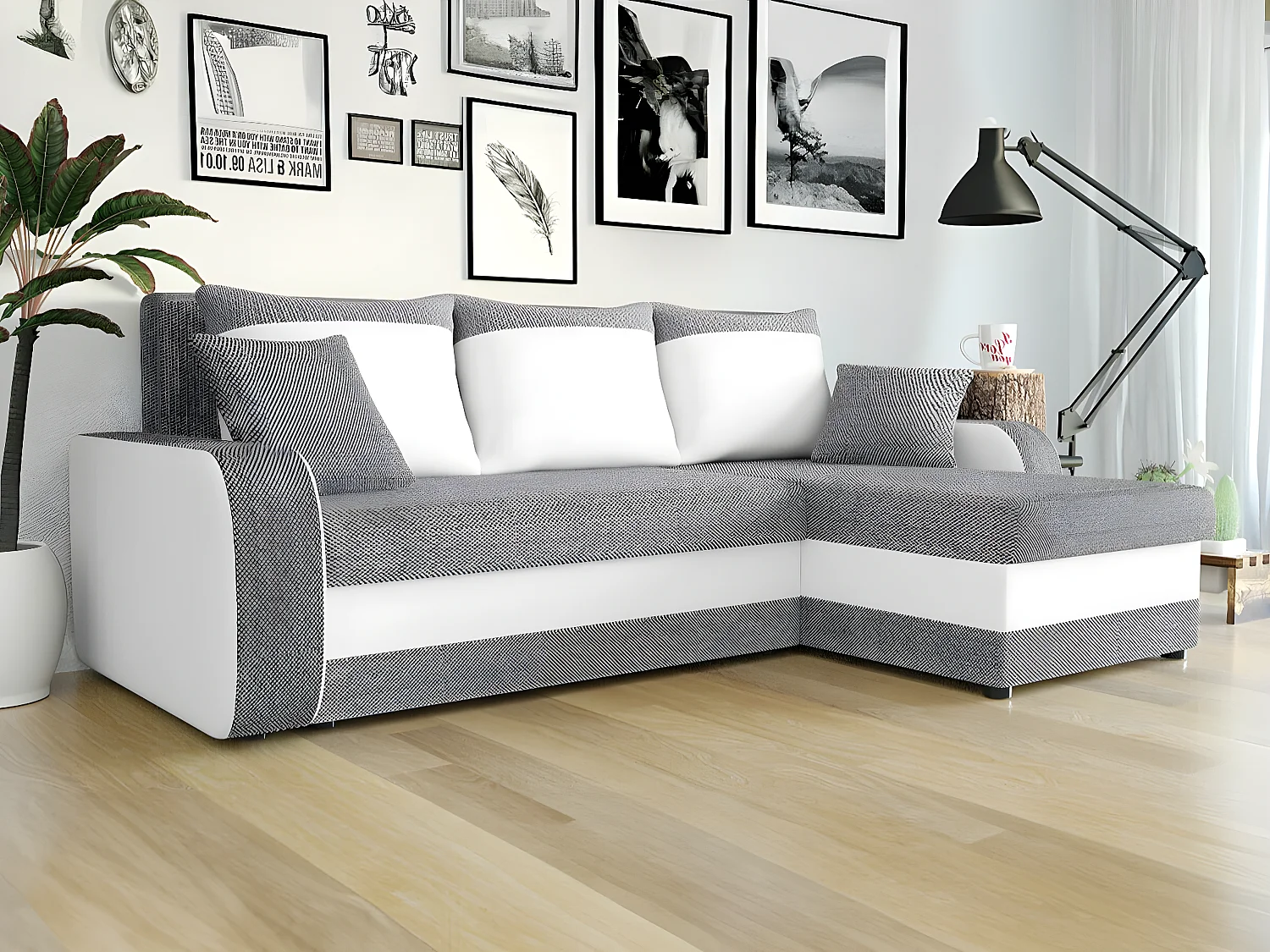 Sofá rinconero Comfivo 135, Gris, Función de descanso, Almacenaje, 238x147x80cm