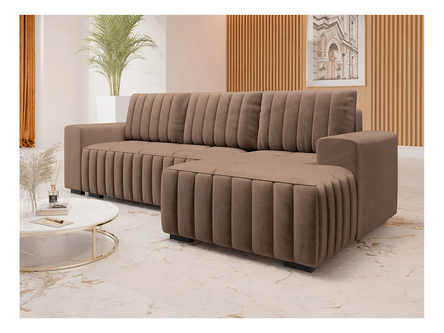 Canapé d'angle Columbus 154, Marron, Fonction de couchage, Boîte de literie, 240x140x85cm
