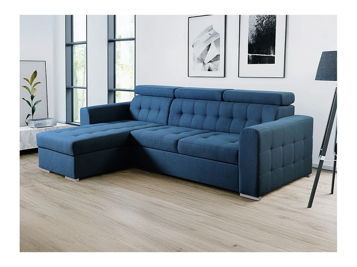 Canapé d'angle Temple 123, Bleu, Fonction de couchage, Boîte de literie, 265x175x87cm