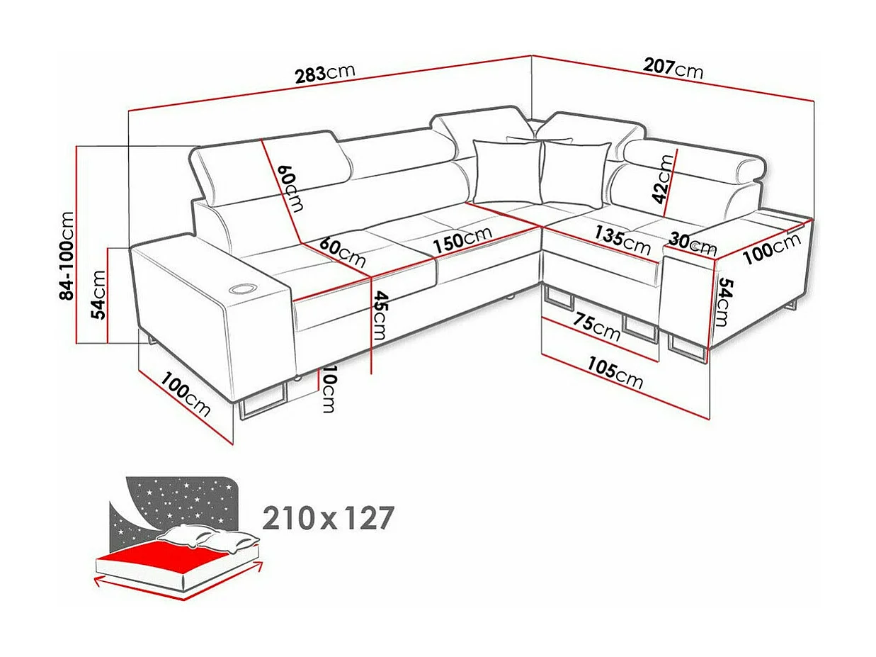 Canapé d'angle Pearland 109, Gris, Fonction de couchage, Boîte de literie, 283x207x84cm