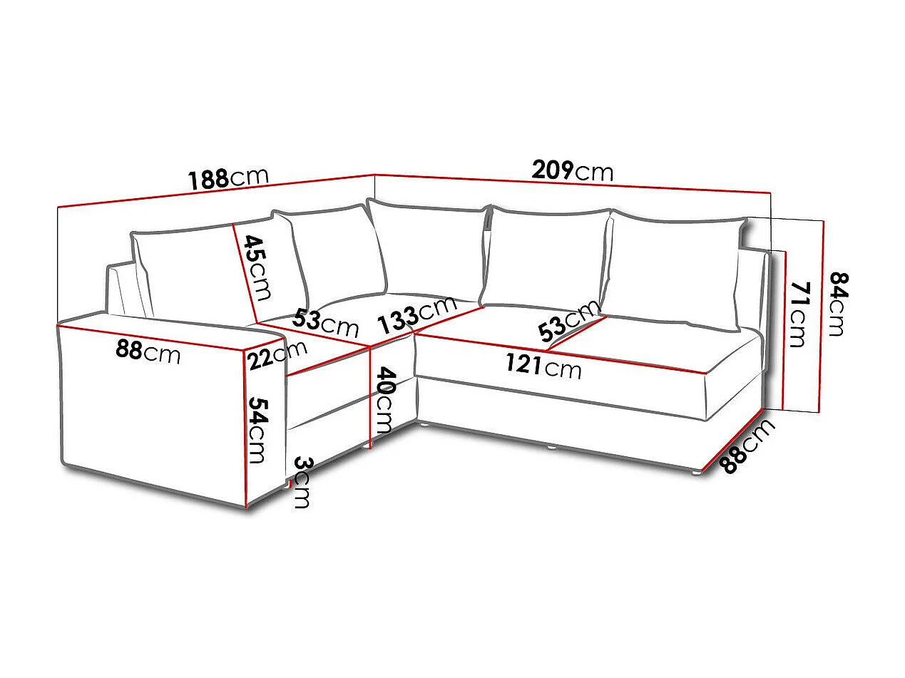 Canapé d'angle Providence 120, Gris, 209x188x84cm