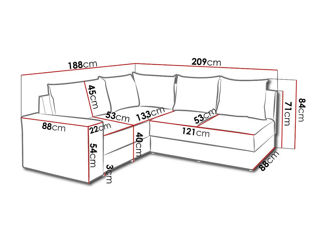 Canapé d'angle Providence 120, Gris, 209x188x84cm