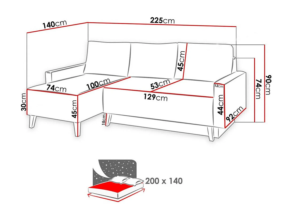 Sofá rinconero Etrmoru 134, Gris, Función de descanso, Almacenaje, 225x140x90cm