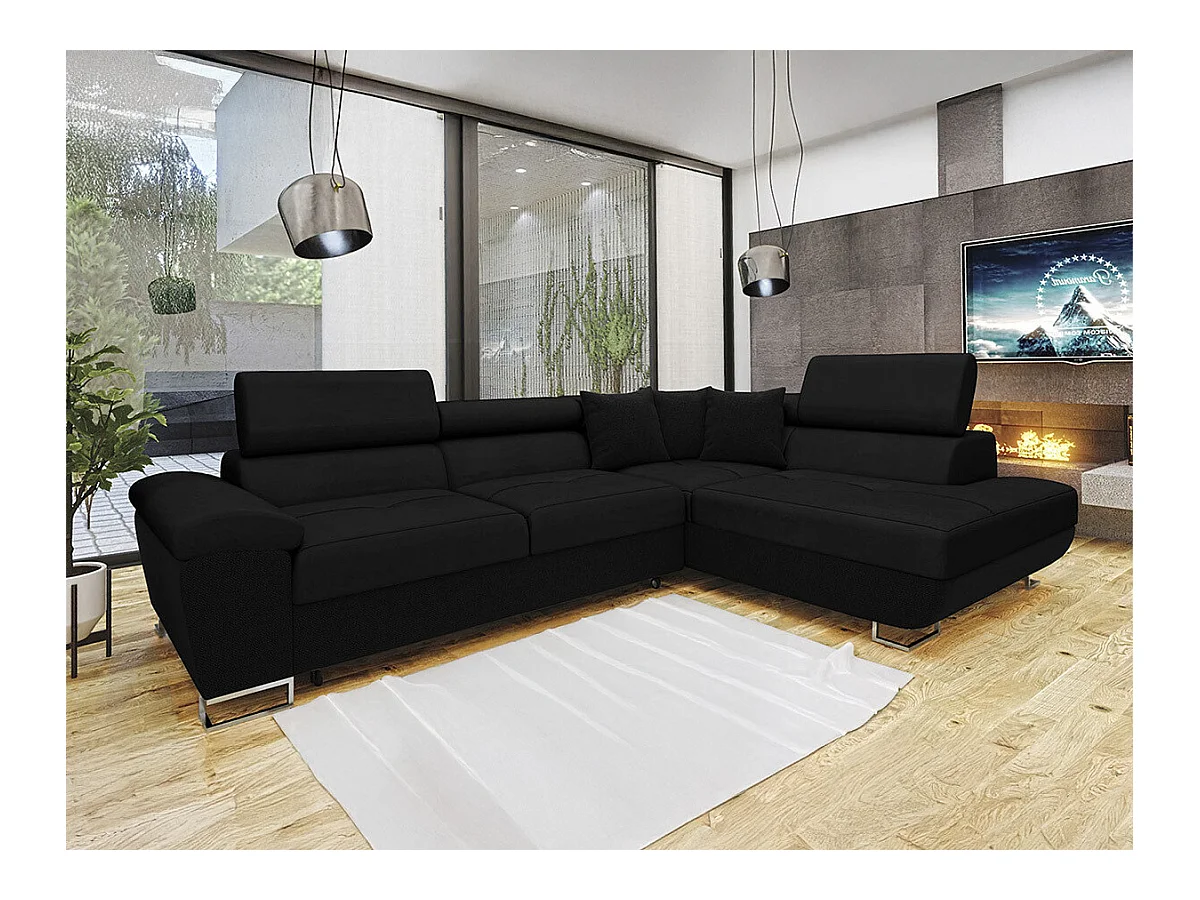 Canapé d'angle Comfivo 166, Noir, Fonction de couchage, Boîte de literie, 270x202x71cm