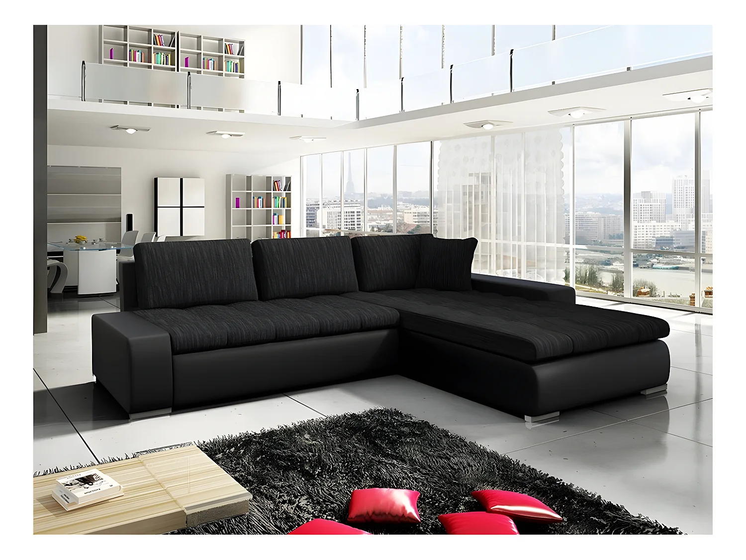 Canapé d'angle Comfivo 147, Noir, Fonction de couchage, Boîte de literie, 302x213x80cm