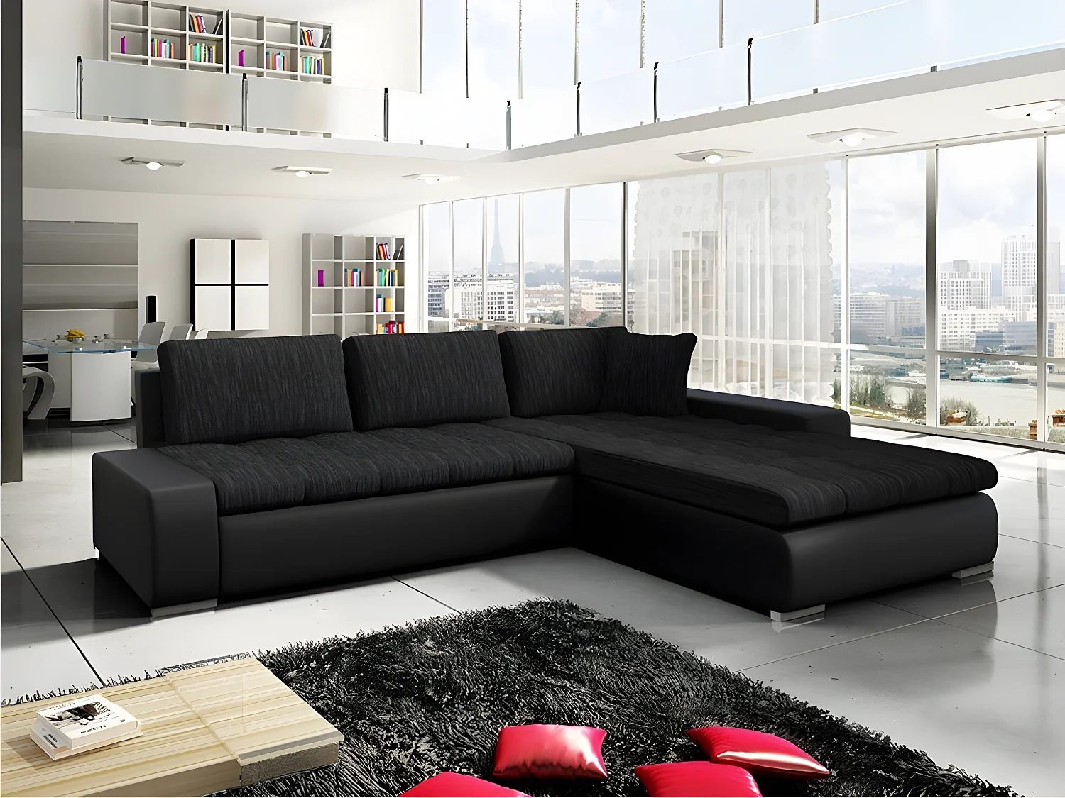 Sofá rinconero Comfivo 147, Negro, Función de descanso, Almacenaje, 302x213x80cm