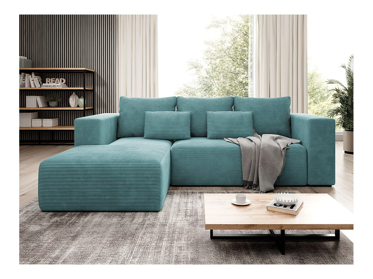 Canapé d'angle Arvada 116, Turquoise, Fonction de couchage, Boîte de literie, 255x161cm
