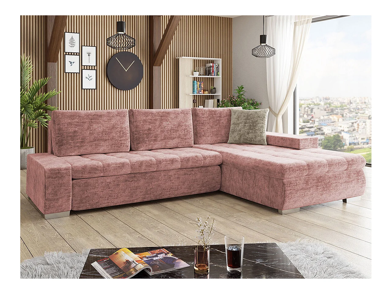 Canapé d'angle Comfivo 147, Rose, Fonction de couchage, Boîte de literie, 302x213x80cm