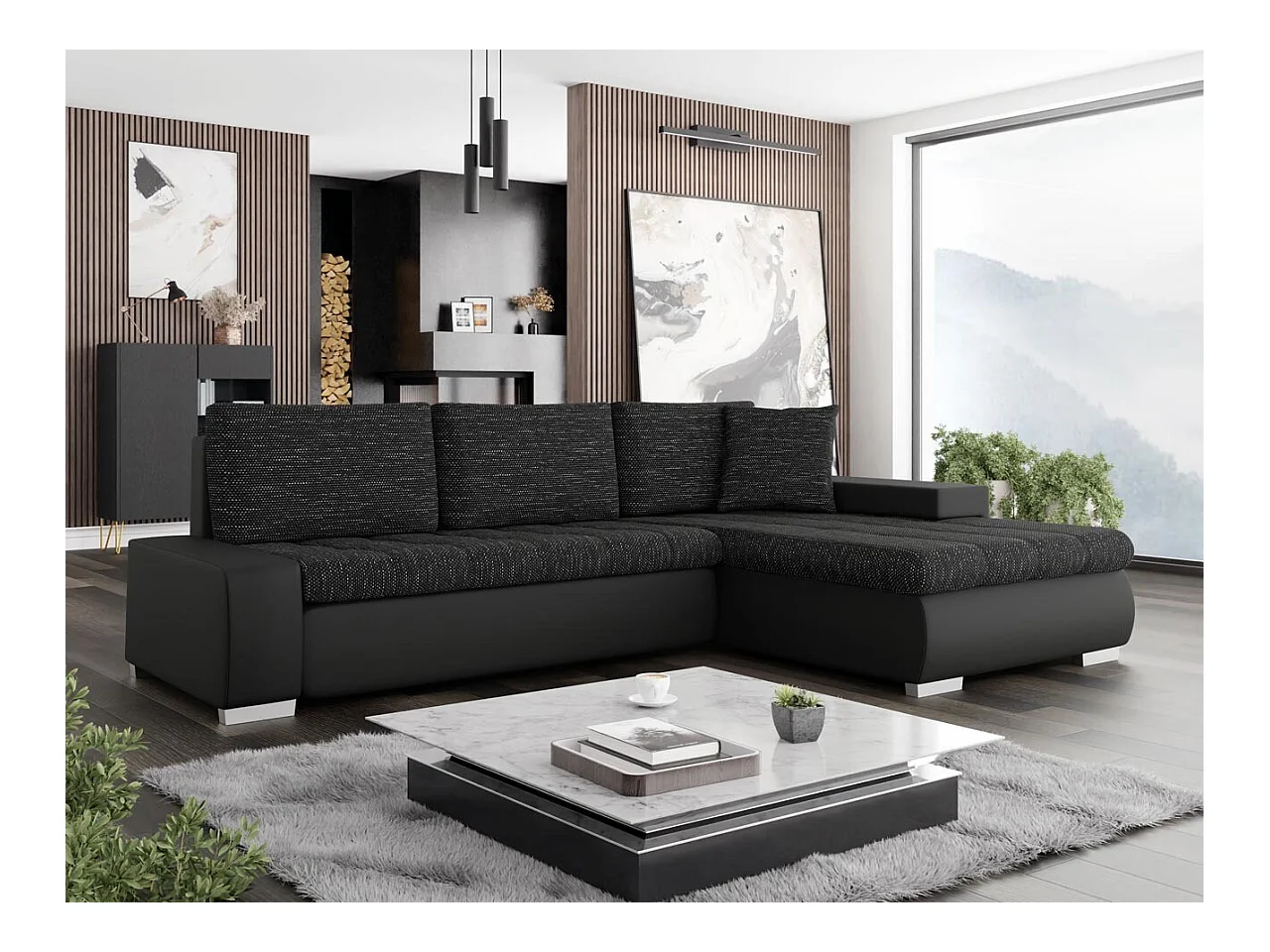 Canapé d'angle Comfivo 112, Noir, Fonction de couchage, Boîte de literie, 265x185x85cm