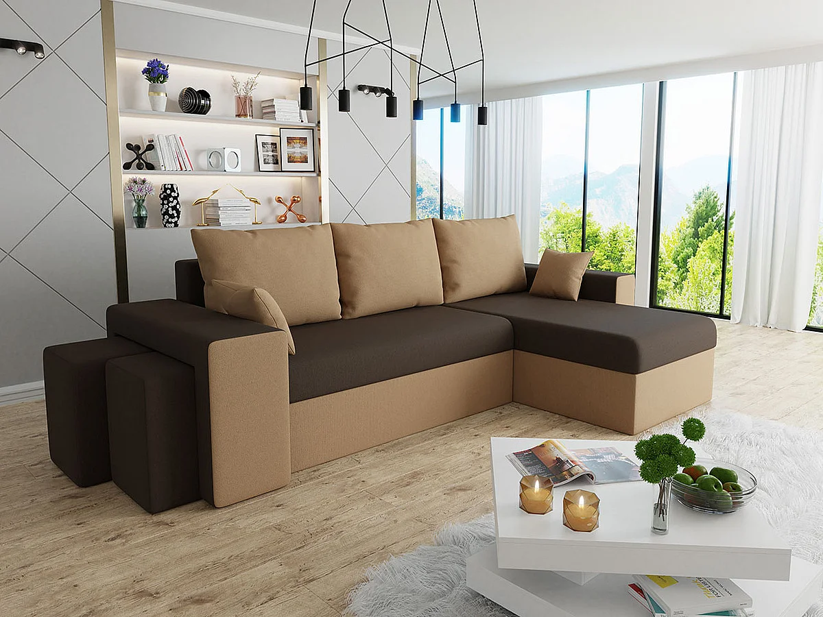 Sofá rinconero Memphis 124, Marrón, Función de descanso, Almacenaje, 256x139x80cm