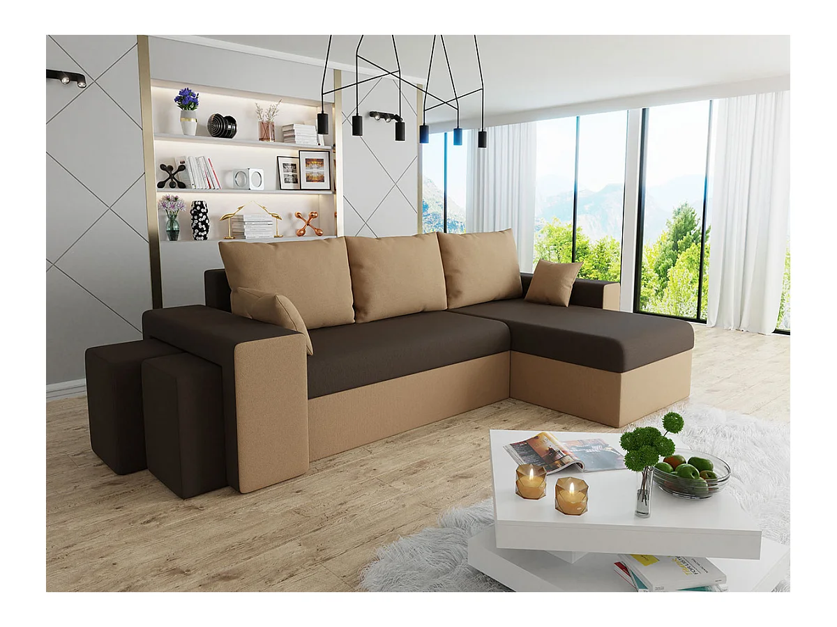 Canapé d'angle Memphis 124, Marron, Fonction de couchage, Boîte de literie, 256x139x80cm