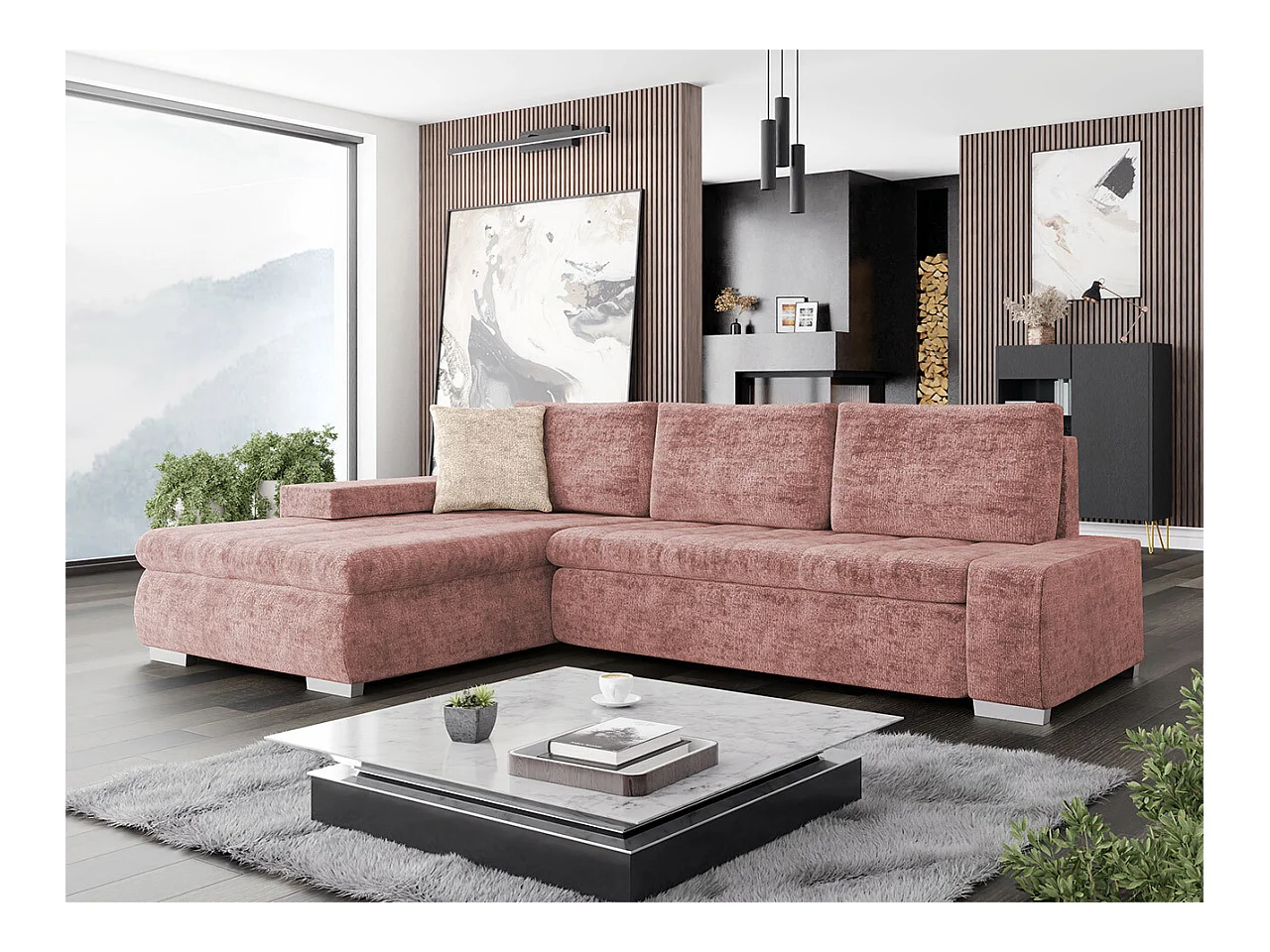 Canapé d'angle Comfivo 251, Rose, Fonction de couchage, Boîte de literie, 265x185x85cm