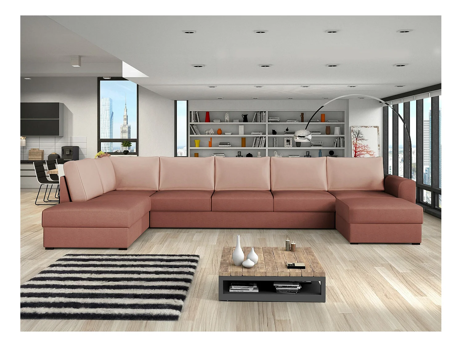 Canapé d'angle Comfivo 262, Rose, Fonction de couchage, Boîte de literie, 370x186x85cm