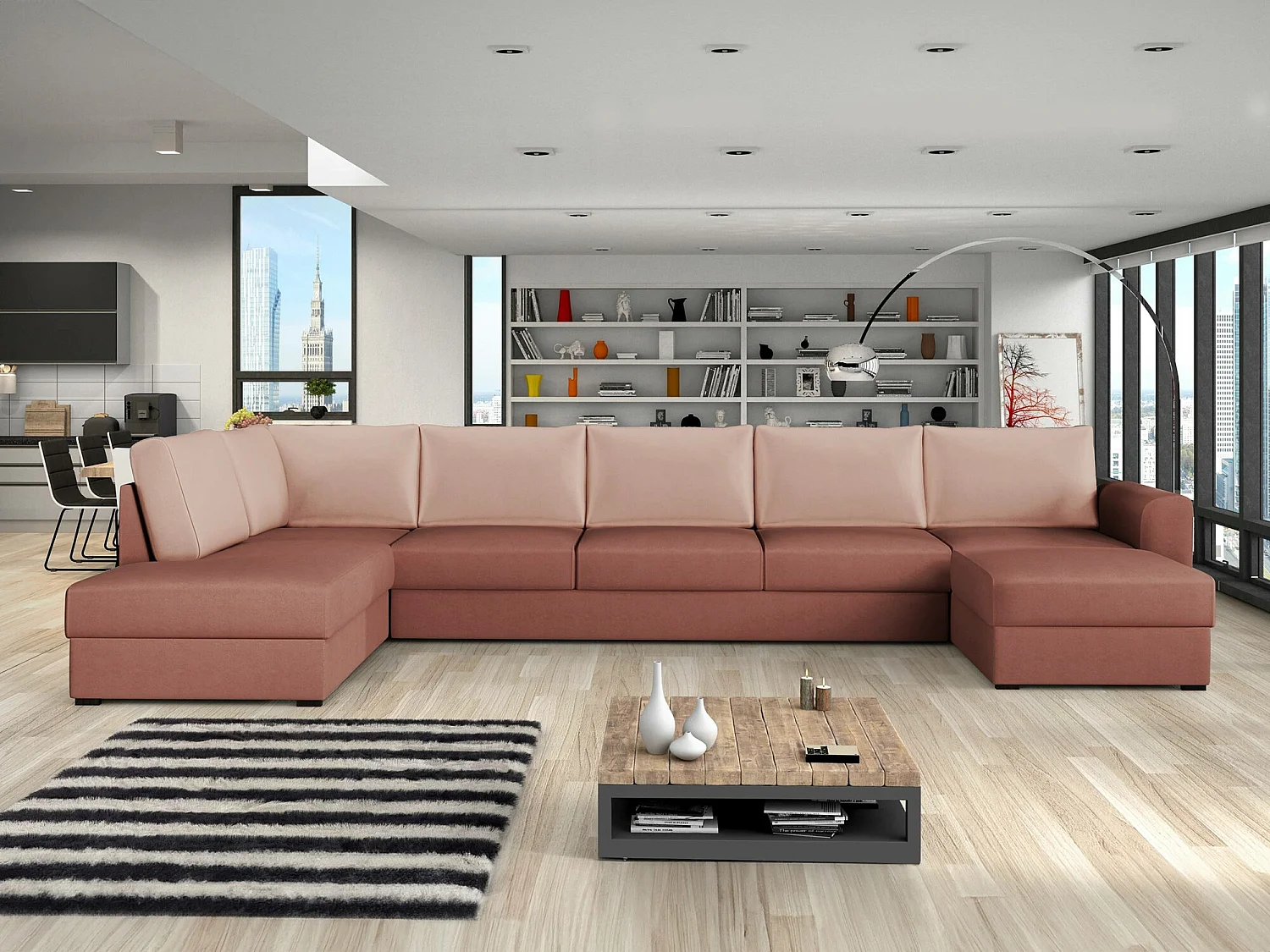 Sofá rinconero Comfivo 262, Rosa, Función de descanso, Almacenaje, 370x186x85cm