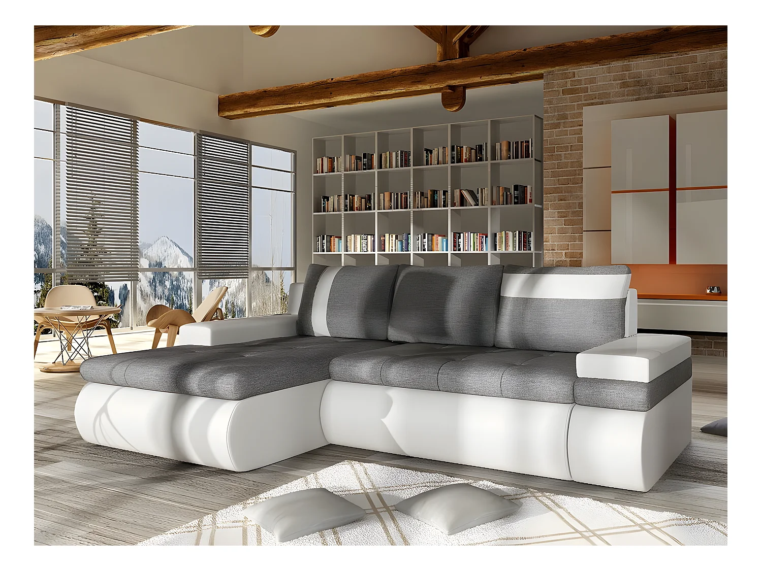 Canapé d'angle Temple 101, Gris, Fonction de couchage, Boîte de literie, 245x182x90cm