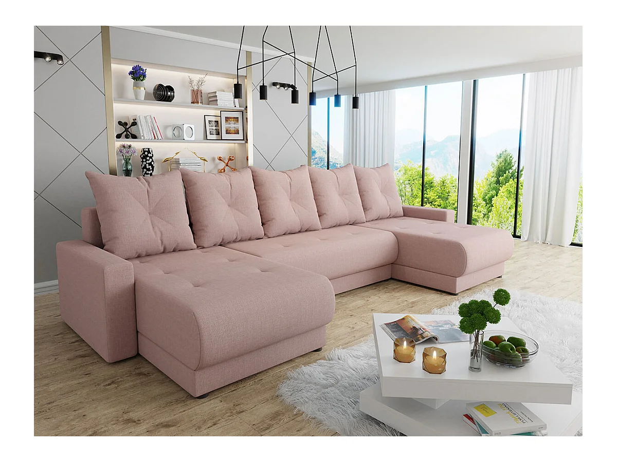 Sofá rinconero Memphis 106, Rosa, Función de descanso, Almacenaje, 290x135x82cm