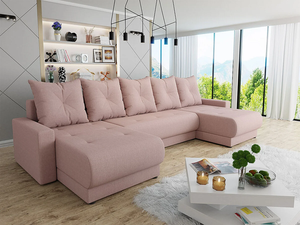 Sofá rinconero Memphis 106, Rosa, Función de descanso, Almacenaje, 290x135x82cm