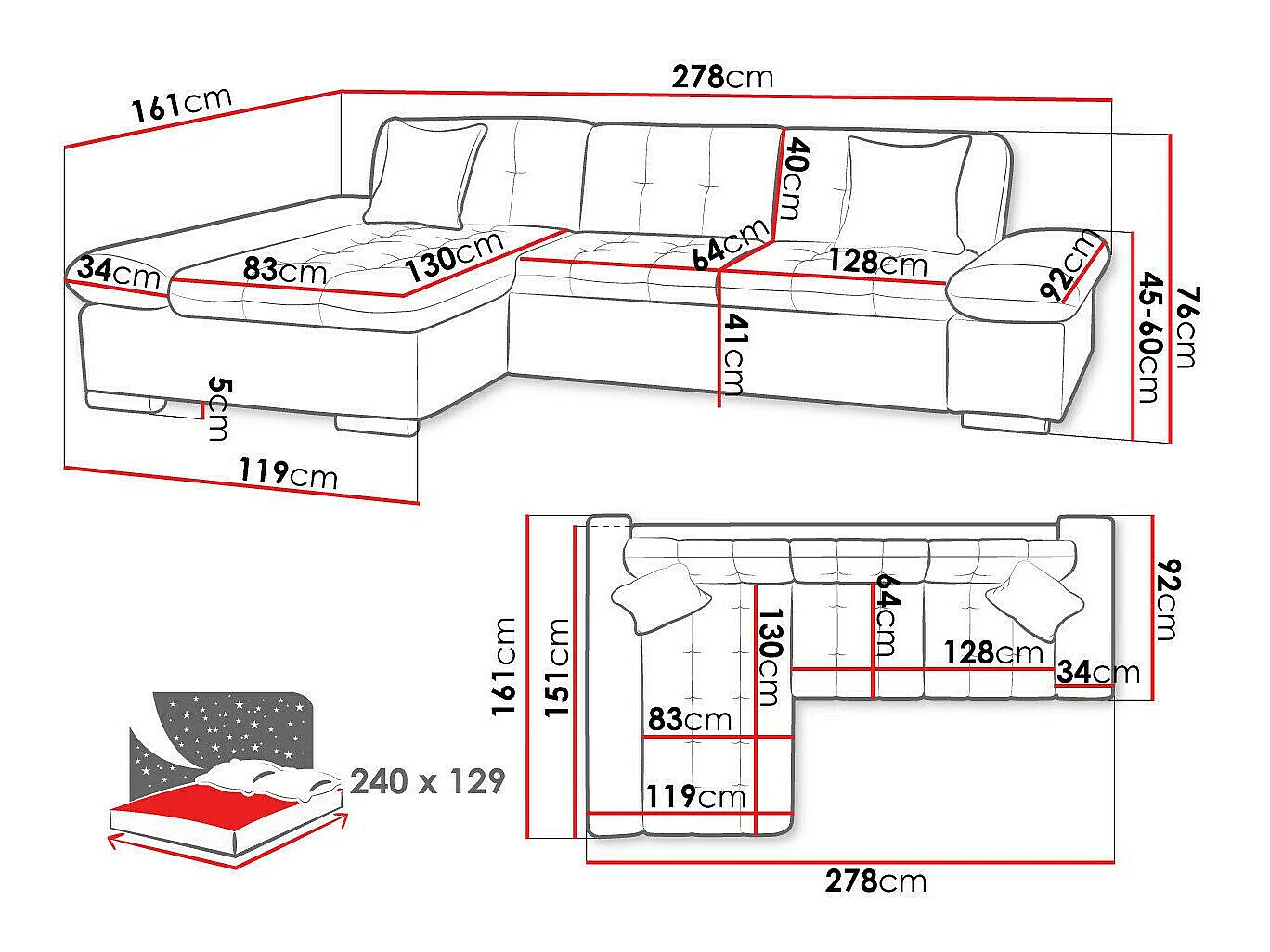 Canapé d'angle Comfivo Sanitas, Gris foncé, Fonction de couchage