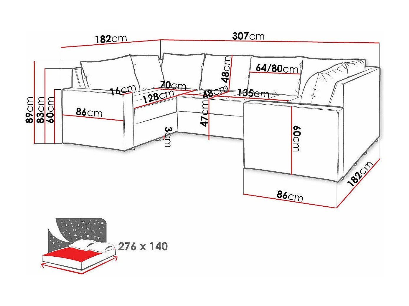 Sofá rinconero Providence 145, Gris, Función de descanso, 307x182x89cm