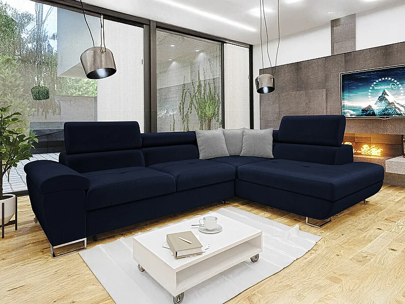 Sofá rinconero Comfivo 166, Azul, Función de descanso, Almacenaje, 270x202x71cm