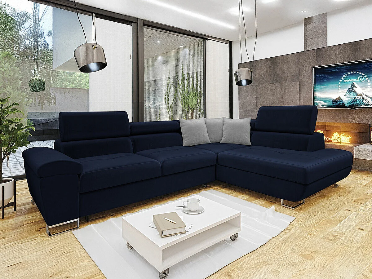 Sofá rinconero Comfivo 166, Azul, Función de descanso, Almacenaje, 270x202x71cm