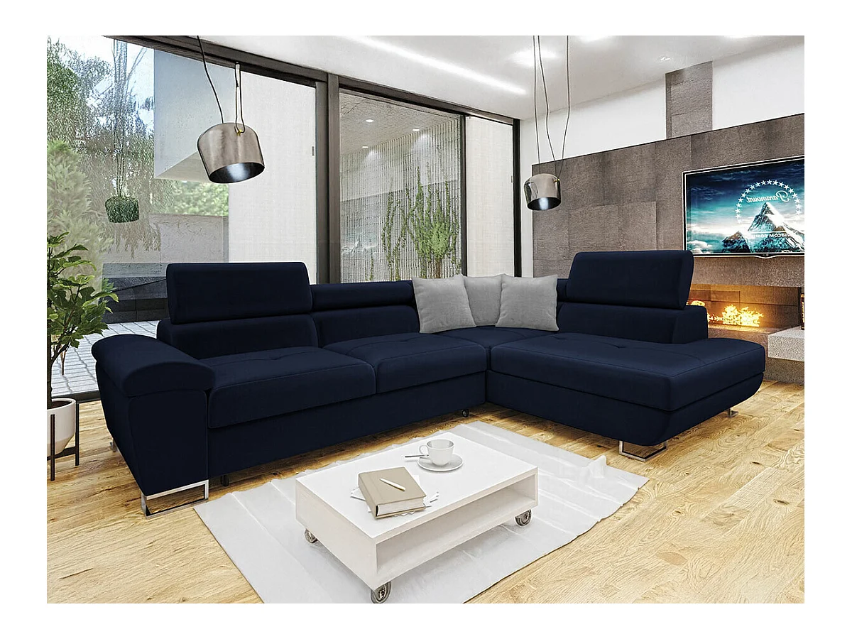 Canapé d'angle Comfivo 166, Bleu, Fonction de couchage, Boîte de literie, 270x202x71cm