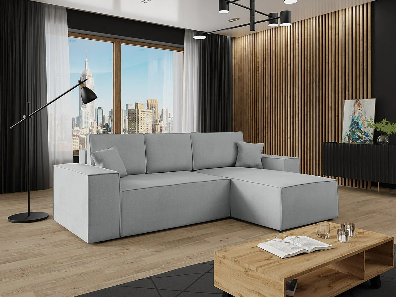 Canapé d'angle Clovis 108, Gris, Fonction de couchage, Boîte de literie, 279x174x94cm