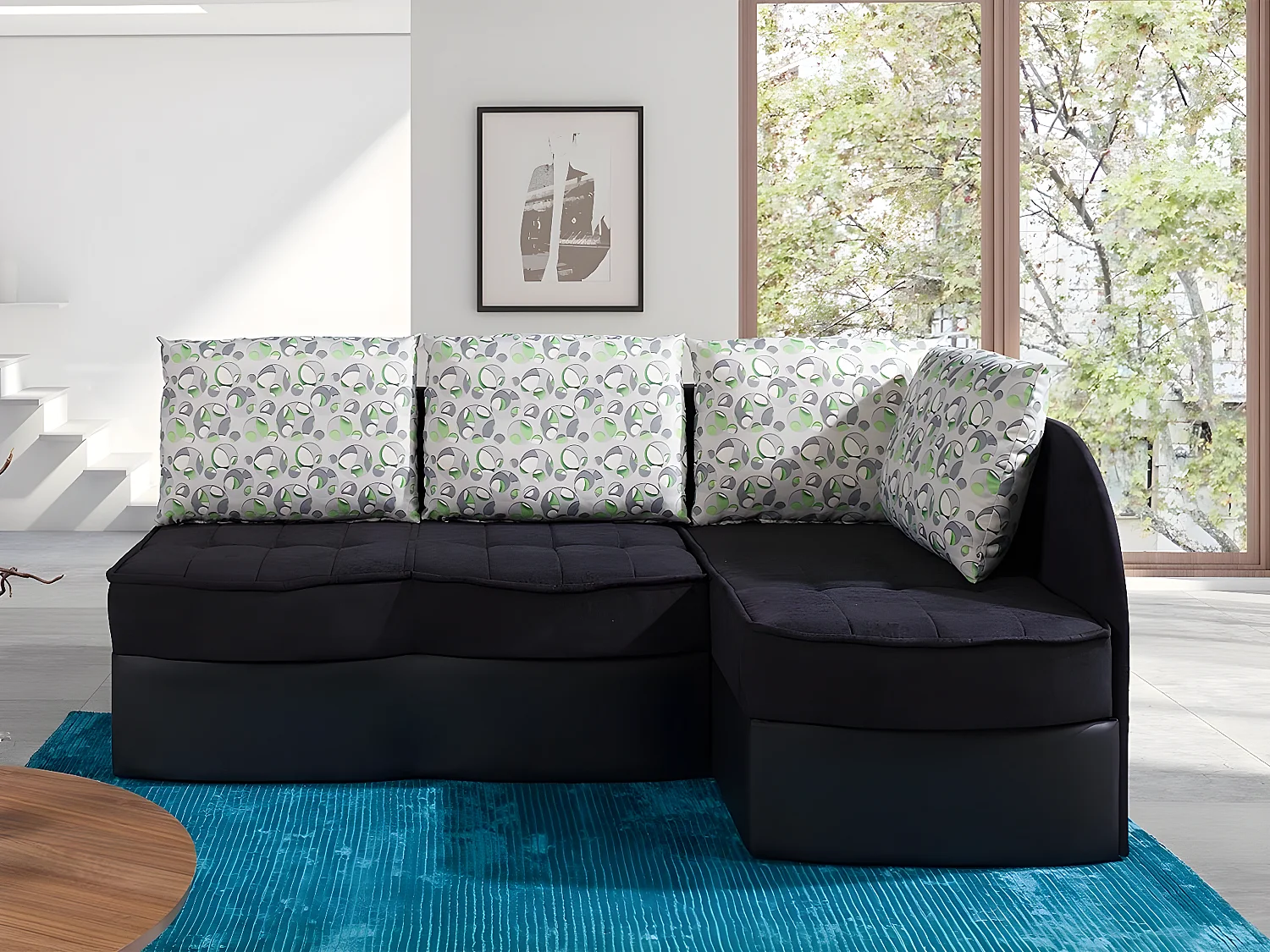 Canapé d'angle Providence 119, Noir, Fonction de couchage, Boîte de literie, 203x143x79cm