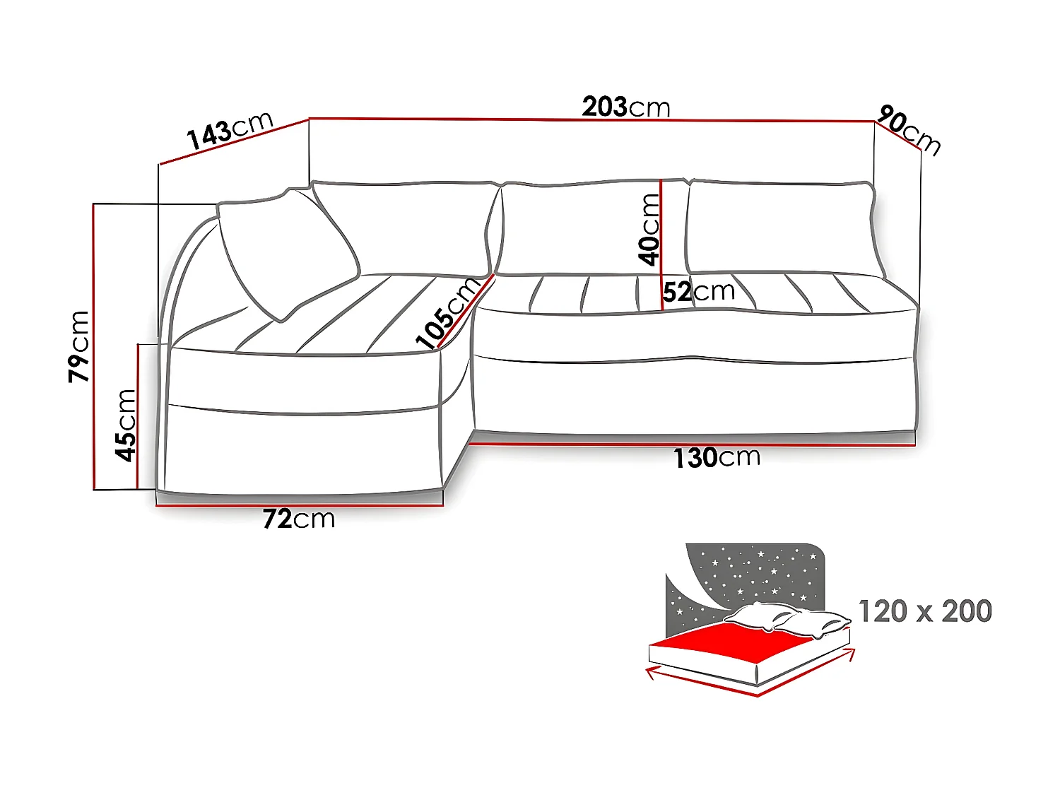 Canapé d'angle Providence 119, Noir, Fonction de couchage, Boîte de literie, 203x143x79cm