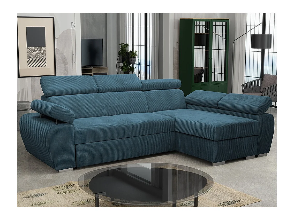 Canapé d'angle Columbus 192, Bleu, Fonction de couchage, Boîte de literie, 255x170x85cm